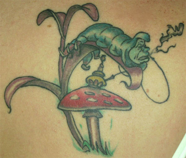 Alice in Wonderland Tattoo Smoking Caterpillar on Magic Mushroom